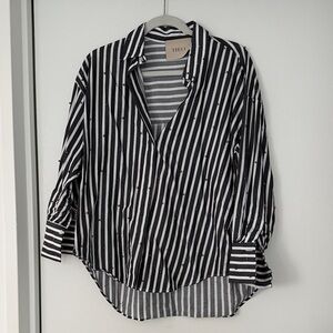 Black and White Striped women's Shirt with pearl detail